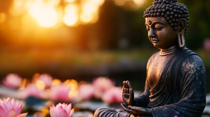 Aufkleber - A tranquil Buddha statue emits a soft golden glow surrounded by vibrant lotus flowers, embodying peace and compassion in a serene garden during sunset