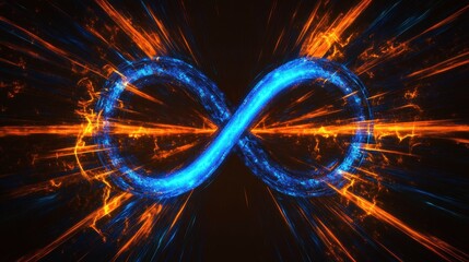 Aufkleber - Glowing blue infinity symbol surrounded by fiery orange energy streaks on dark background.