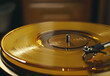 © Aleena - Cฝlose-up of an old-fashioned record player with yellow vinyl, playing classic music in the background. The focus is on the spinning record and needle, symbolizing a retro-style musical vibe.