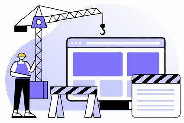 A construction worker with a crane stands beside a computer interface, illustrating the theme of digital construction or development.