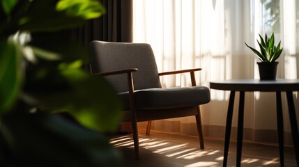 Poster - A cozy reading nook features a Scandinavian-style armchair beside a round table, bathed in soft sunlight and surrounded by lush indoor plants