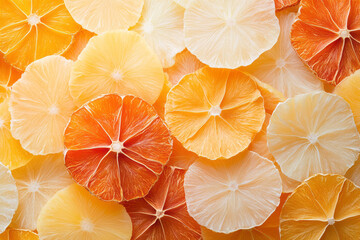 Poster - Dried mango slices and pineapple pieces arranged in visually appealing patterns, tropical theme,
