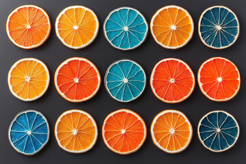 Poster - Dried citrus fruit slices artistically arranged in patterns, vibrant colors on dark surface,