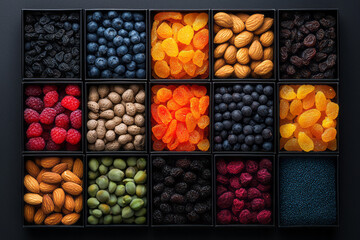 Poster - Beautifully styled image of dried fruit and nuts presented in modern snack boxes,