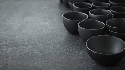 Aufkleber - A minimalist arrangement features matte black ceramic bowls and cups positioned on a slate gray surface, emphasizing modern design and elegance