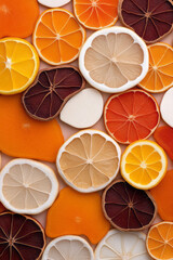 Poster - Colorful overhead photo of dried mixed fruit slices and nuts arranged artistically on vibrant