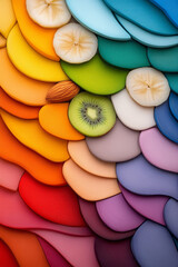 Poster - Colorful overhead photo of dried mixed fruit slices and nuts arranged artistically on vibrant
