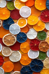 Poster - Colorful overhead photo of dried mixed fruit slices and nuts arranged artistically on vibrant