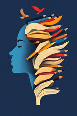 Poster - An imaginative graphic showing pages from a book flowing upward into a human head shape, with