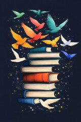 Poster - An inspiring design showcasing a stack of books against a dark blue backdrop, vibrant colored