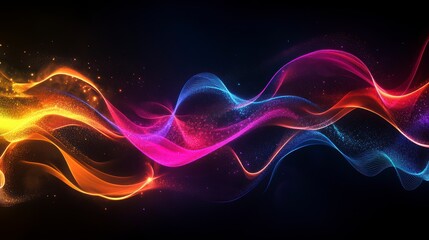 Aufkleber - Abstract colorful wave with glowing particles on black background.