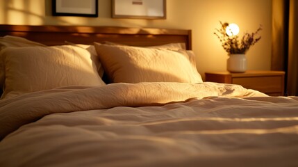 Aufkleber - Golden morning light fills a cozy bedroom featuring a rumpled linen duvet, textured pillows, and a rustic nightstand with dried lavender