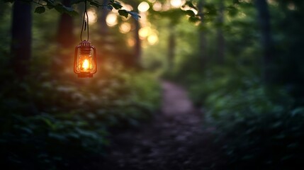 Aufkleber - A flickering lantern hangs from a branch, casting a warm glow on a narrow dirt path in a dense forest, creating an atmosphere of adventure and mystery