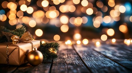 Aufkleber - Wrapped gifts and golden ornaments are arranged among pine branches, illuminated by the warm glow of twinkling fairy lights during a holiday celebration