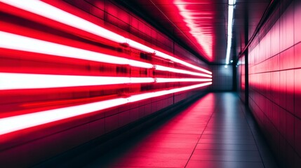 Aufkleber - Red neon lights illuminate a modern corridor, creating a vibrant and dynamic atmosphere.