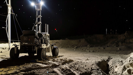 Fototapete - This Robot operates on an asteroid, extracting regolith for refinery processes under starlit sky.