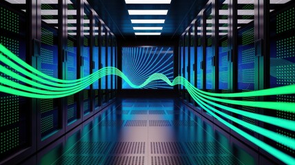 Security risk assessment template concept. Futuristic data center with illuminated servers and flowing digital lines.