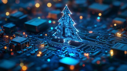 Fototapete - Glowing digital Christmas tree on circuit board.