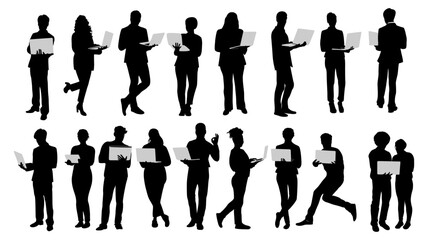Silhouettes of business people working at laptop, different men and women standing full length with computer. Vector illustration isolated black on white background . Avatar, icons for website