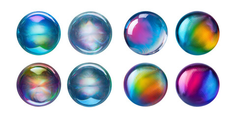 Wall Mural - Colorful Transparent Circles with Iridescent Effects for Design, holographic of Iridescent Kawaii 3D, Isolated on Transparent background