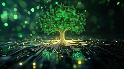 Poster - Glowing green digital tree rooted in circuit board, representing technology and nature.