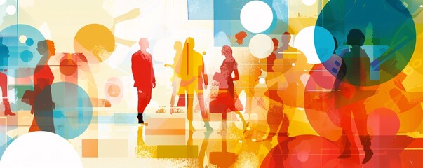 Poster - Business people are walking in an abstract city scene with colorful geometric shapes