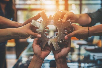 Poster - Business team joining hands together holding gears, concept of teamwork