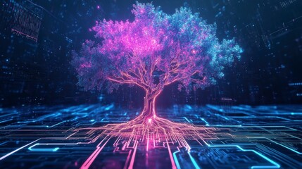 Poster - Glowing digital tree with roots embedded in a circuit board, symbolizing technology and nature's connection.