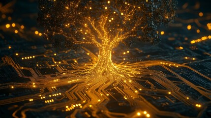 Fototapete - Glowing tree rooted in circuit board, symbolizing technology and nature connection.