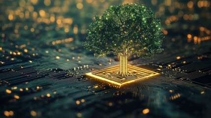 Poster - A vibrant green tree grows from a glowing golden circuit board, symbolizing technological growth and nature's resilience.