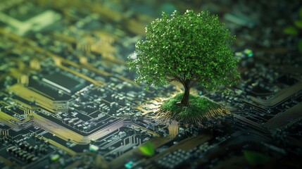 Aufkleber - Lush green tree growing from a circuit board, symbolizing sustainable technology and nature's integration with digital world.