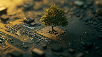 Fototapete - Small tree growing on a circuit board, symbolizing sustainable technology.