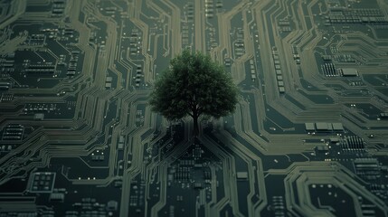 Aufkleber - A lush green tree stands at the center of a complex circuit board, symbolizing nature's integration with technology.