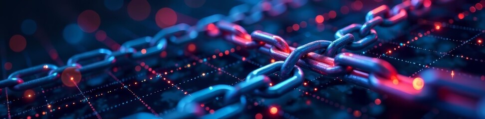 Abstract concept of data transfer with chain links on digital grid, blockchain, computer