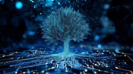 Poster - Glowing digital tree growing from a circuit board, representing technology and nature.