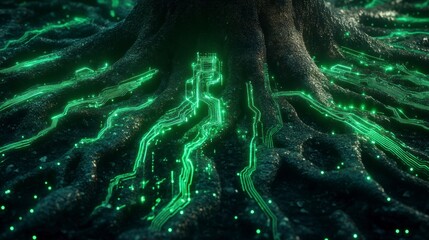 Leinwandbilder - Glowing green circuit lines resembling roots beneath a dark tree trunk.