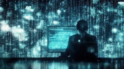 Wall Mural - Coding in Dark Room, Binary Background
