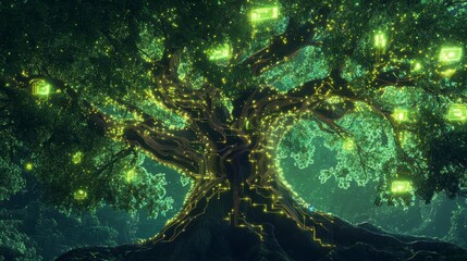 Leinwandbilder - Glowing, mystical tree with digital currency symbols illuminating its branches at night.
