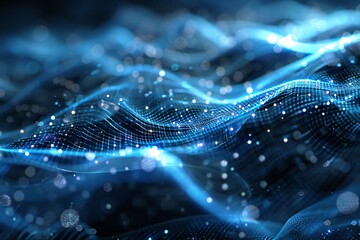 Fototapete - Dynamic blue network grid background with flowing and glowing particles