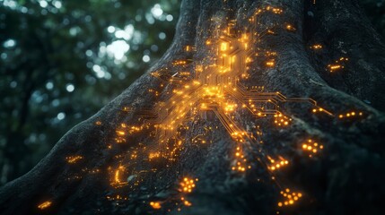 Fototapete - Glowing circuit board embedded in a tree trunk's bark, symbolizing nature and technology's fusion.