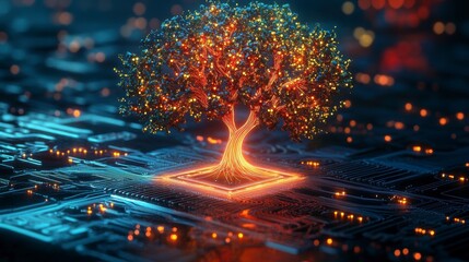 Aufkleber - Glowing tree on a circuit board, symbolizing technological growth and nature's connection to technology.