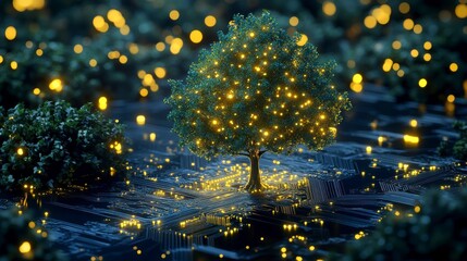 Poster - Illuminated tree in a digital landscape at night.