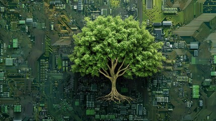Aufkleber - Lush green tree growing from a circuit board, symbolizing sustainable technology. (1)