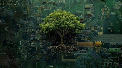 Aufkleber - Lush green tree with exposed roots growing from a circuit board, symbolizing technology and nature. (1)