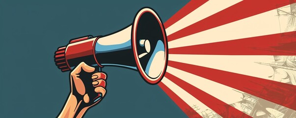 Poster - Hand holding megaphone with red and white striped background for announcing illustration