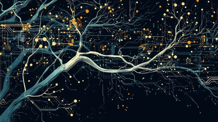 Leinwandbilder - Abstract digital tree with glowing branches and nodes, representing connection and network.