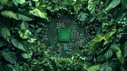 Poster - Microchip nestled in lush green foliage, symbolizing sustainable technology.