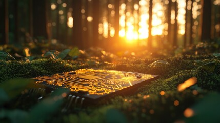 Fototapete - Golden circuit board rests on mossy forest floor at sunset.