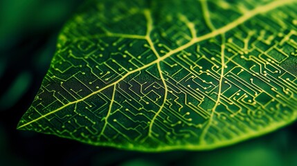 Poster - Close-up of a green leaf with a circuit board pattern imprinted on it.
