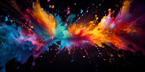 colorful paint splashes with a dynamic splashing effect on a black background, creating an artistic 